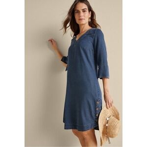 Soft Surroundings Positano Shift Dress Womens Medium Blue Denim Tencel Sleeve